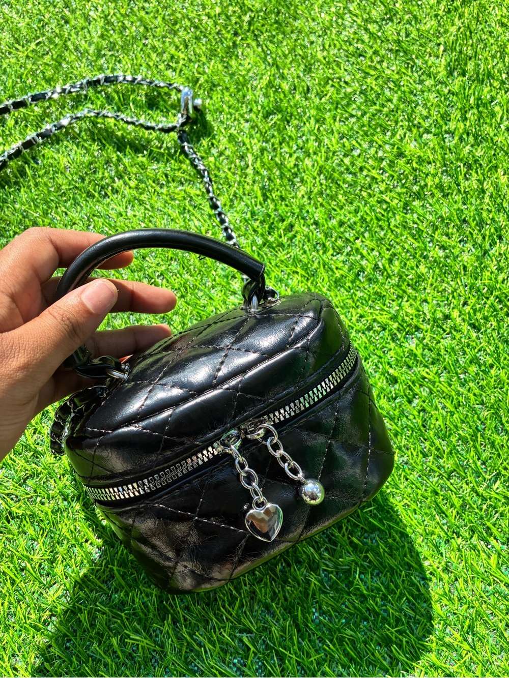 Black Quilted Mini Top-Handle Crossbody Bag with Heart Charm